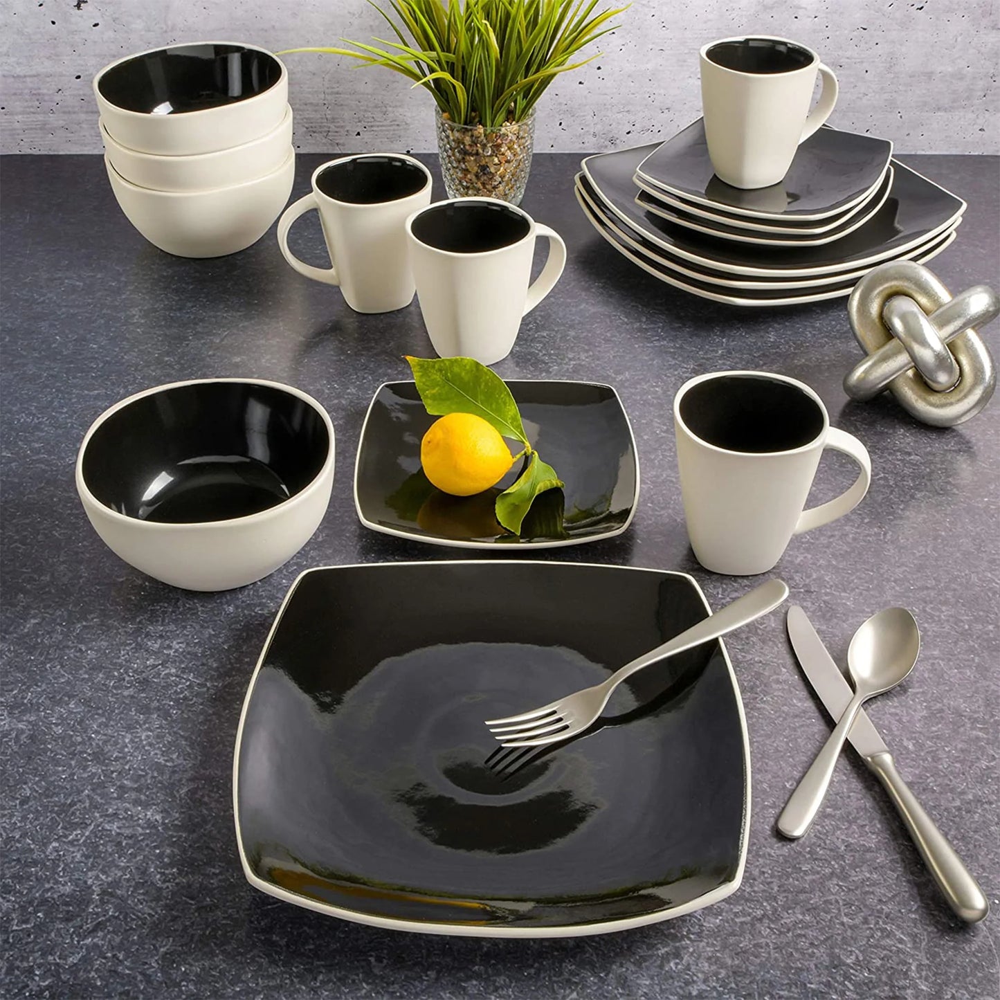 Soho Lounge Square Glazed 16 Piece Stoneware Set, Black and White