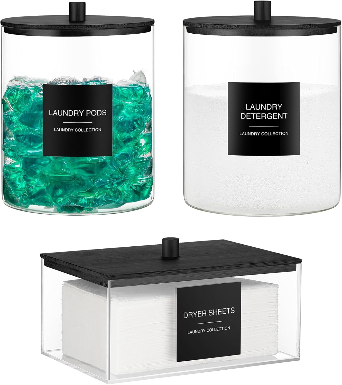 Glass Jars and Acrylic Dryer Sheet Holder W/ Bamboo Lids