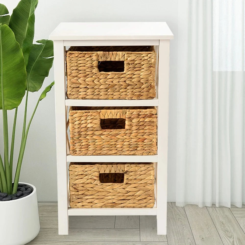 3 Tier X-Side End Table Side Table Storage Cabinet with 3 Natural Water Hyacinth Wicker Baskets, White