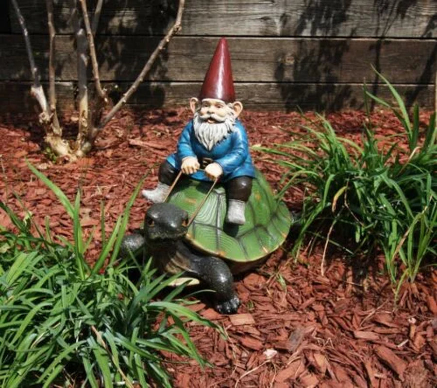 Gnome Riding Giant Turtle Garden Statue 17.25" L