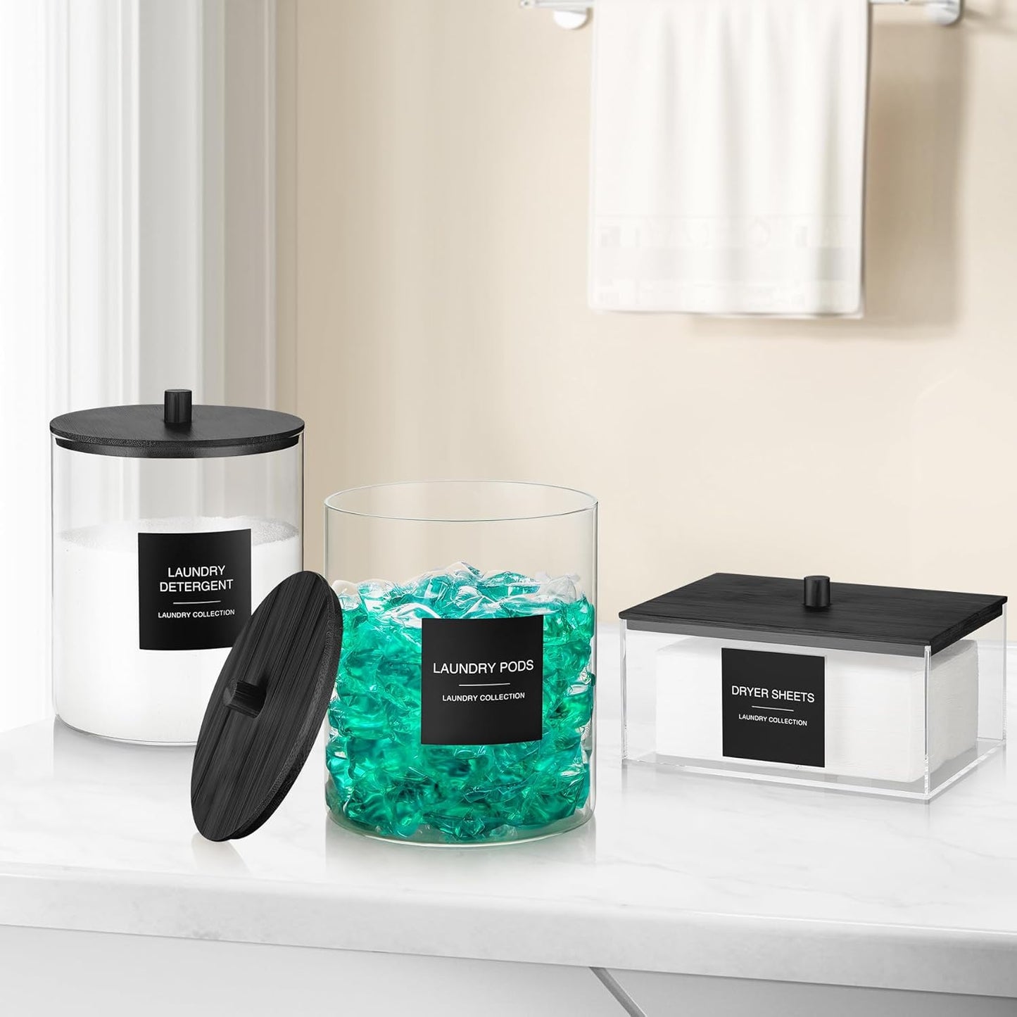 Glass Jars and Acrylic Dryer Sheet Holder W/ Bamboo Lids