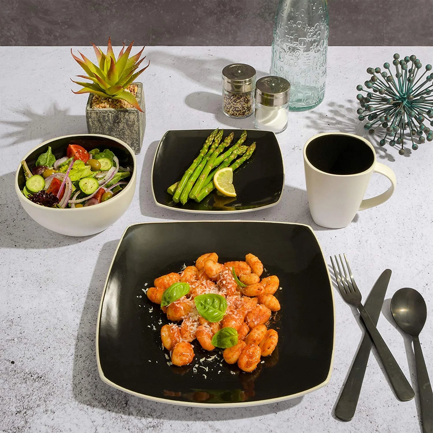 Soho Lounge Square Glazed 16 Piece Stoneware Set, Black and White