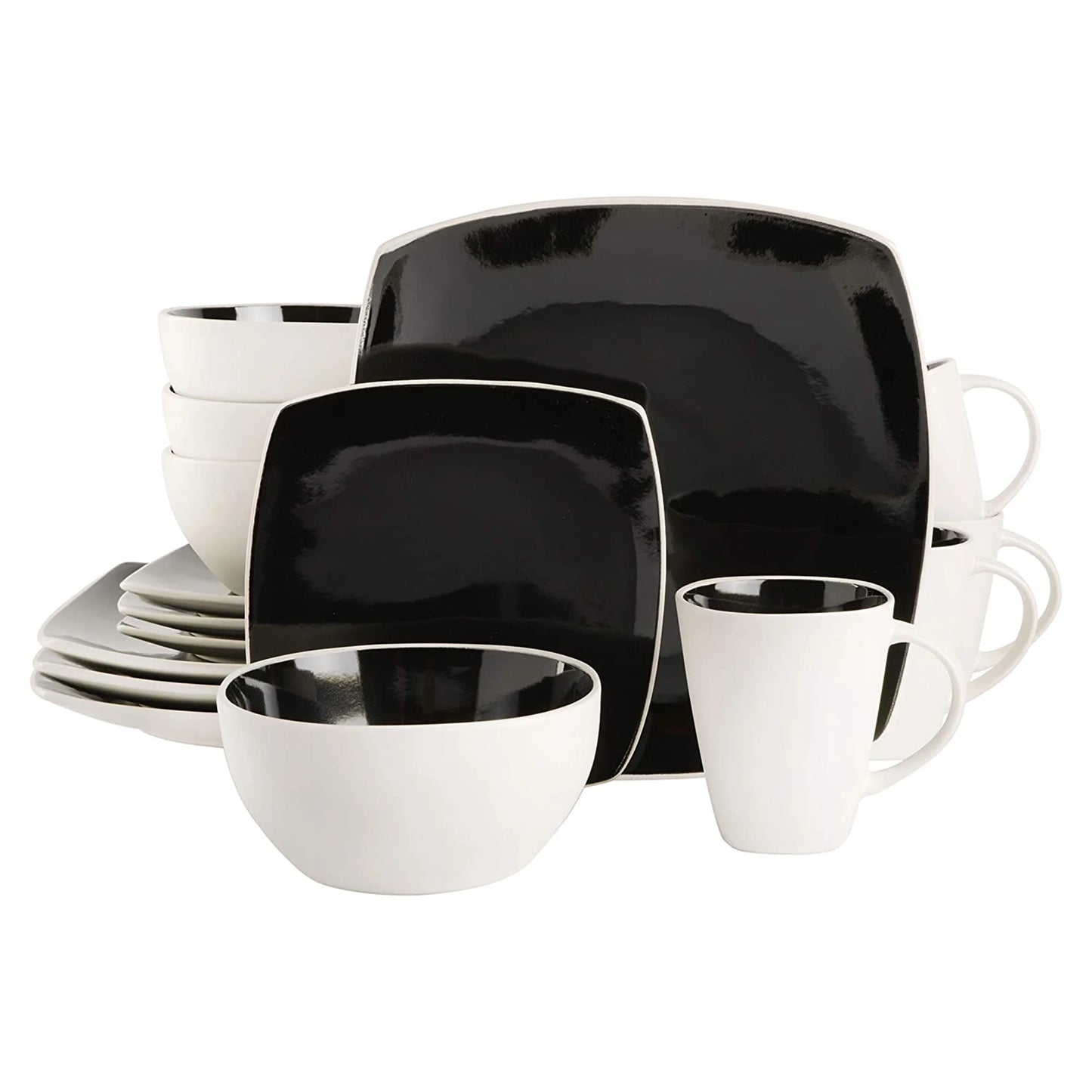 Soho Lounge Square Glazed 16 Piece Stoneware Set, Black and White