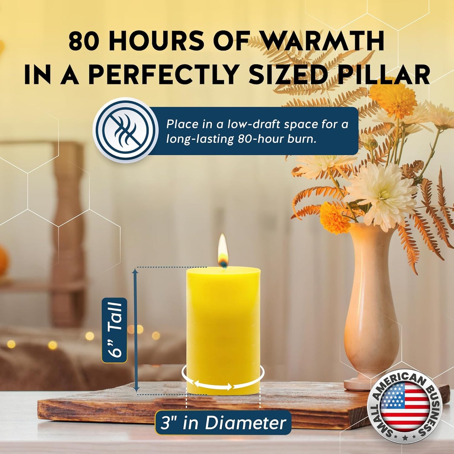 100% Pure Beeswax Candle - Large Pillar Candle - 80 Hour Burn Time - 3X6 Inch -