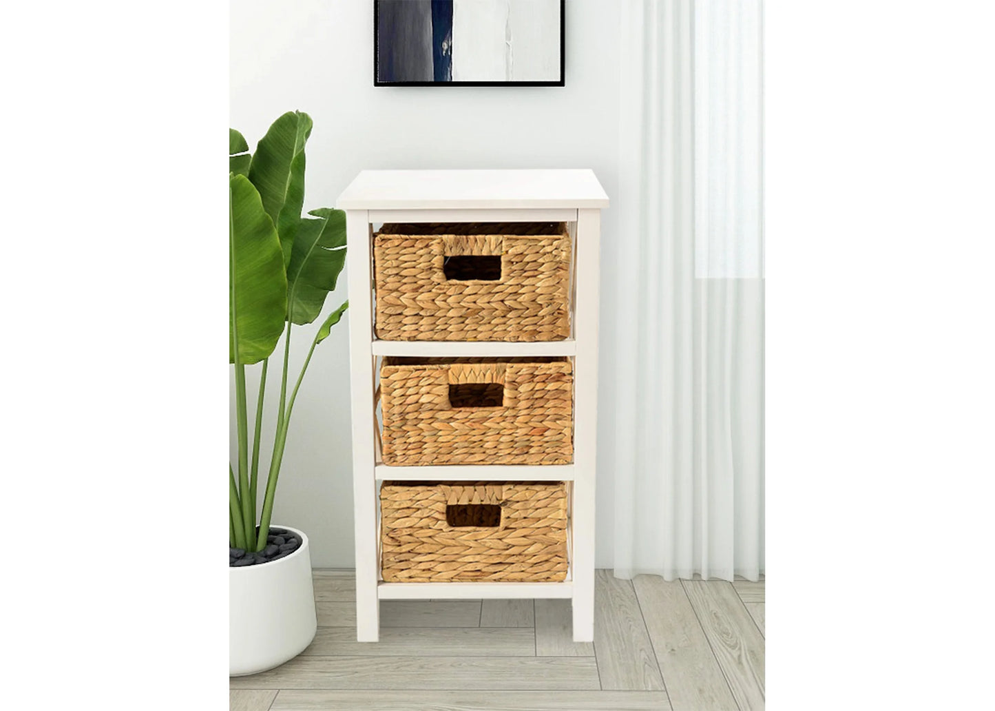 3 Tier X-Side End Table Side Table Storage Cabinet with 3 Natural Water Hyacinth Wicker Baskets, White