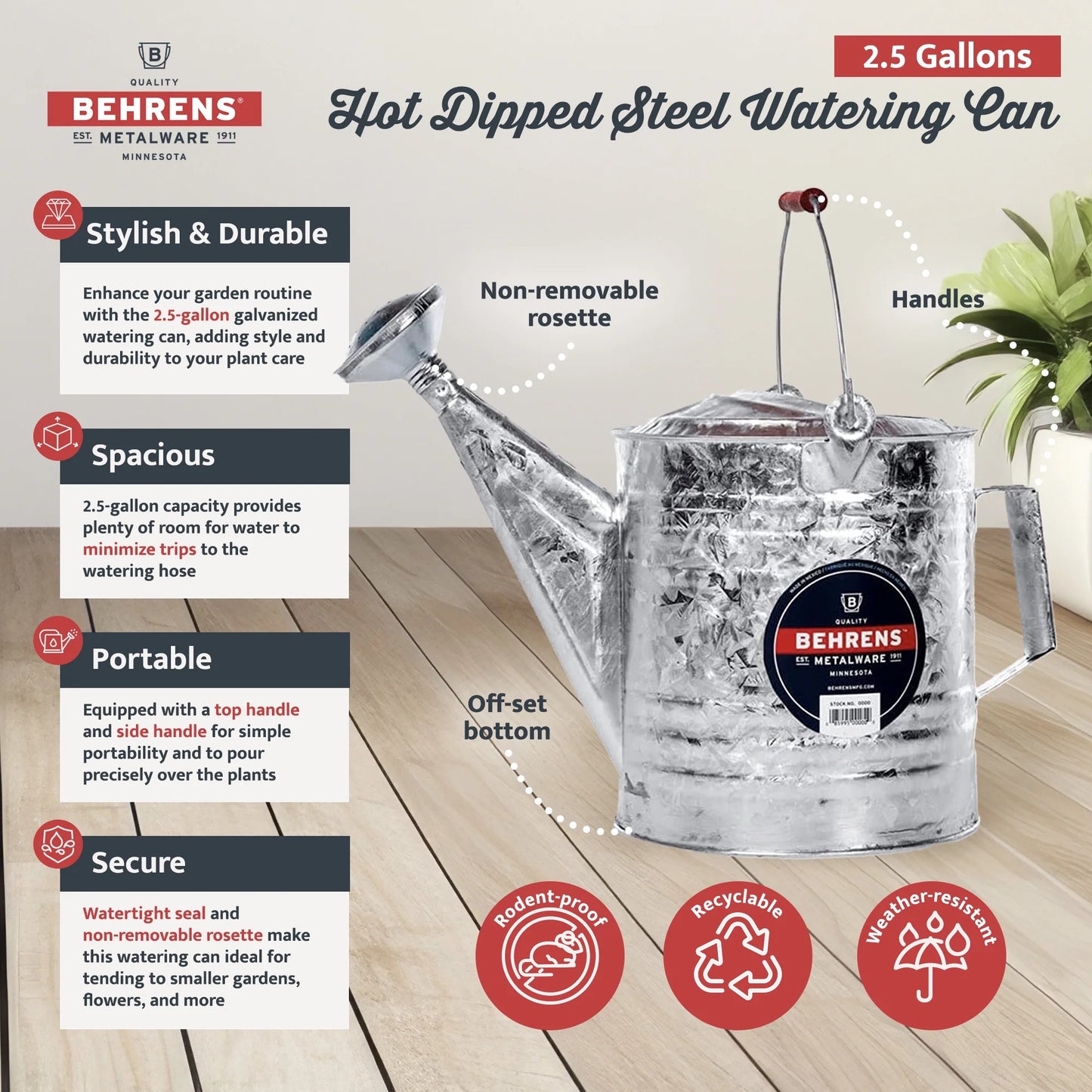 Behrens 2.5 Gallon Weatherproof Hot Dipped Steel Watering Can with Handles
