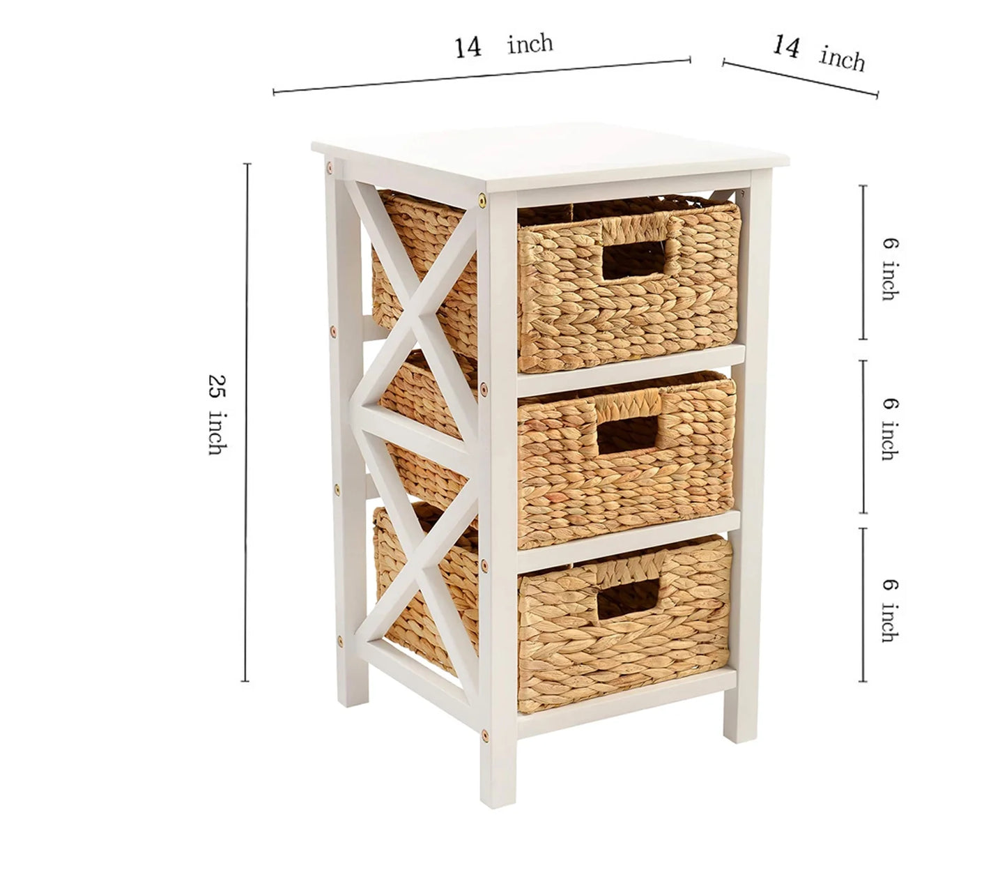3 Tier X-Side End Table Side Table Storage Cabinet with 3 Natural Water Hyacinth Wicker Baskets, White