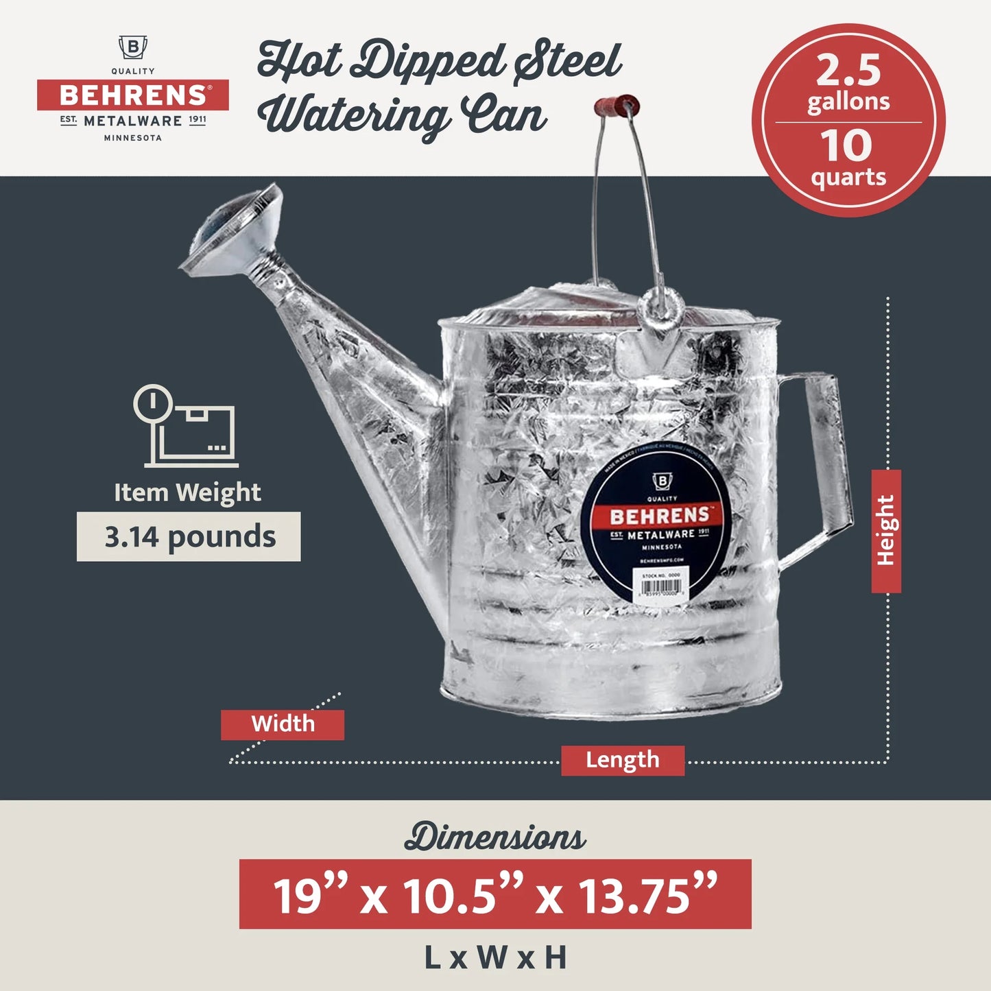 Behrens 2.5 Gallon Weatherproof Hot Dipped Steel Watering Can with Handles