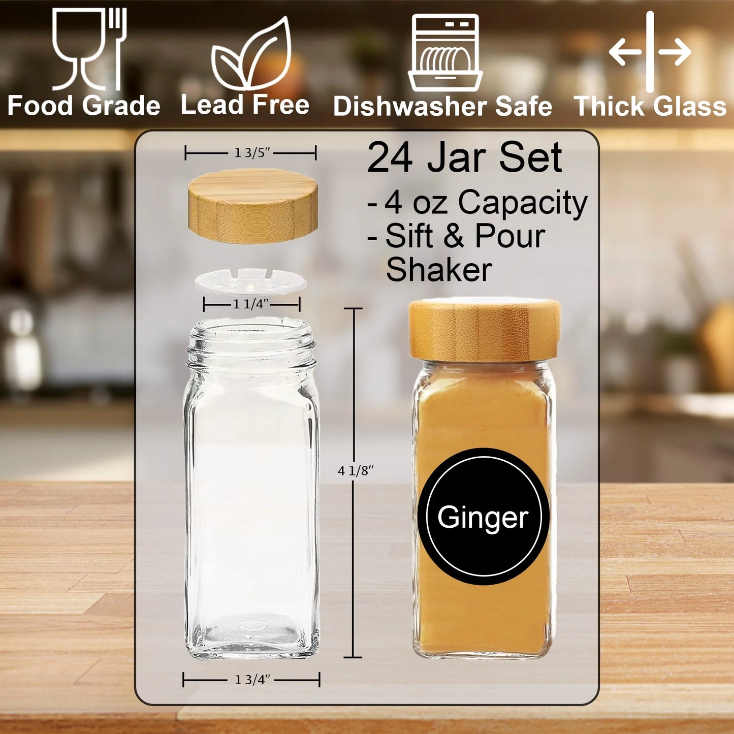 Glass Spice Jars w/ Bamboo Lids 4 Oz