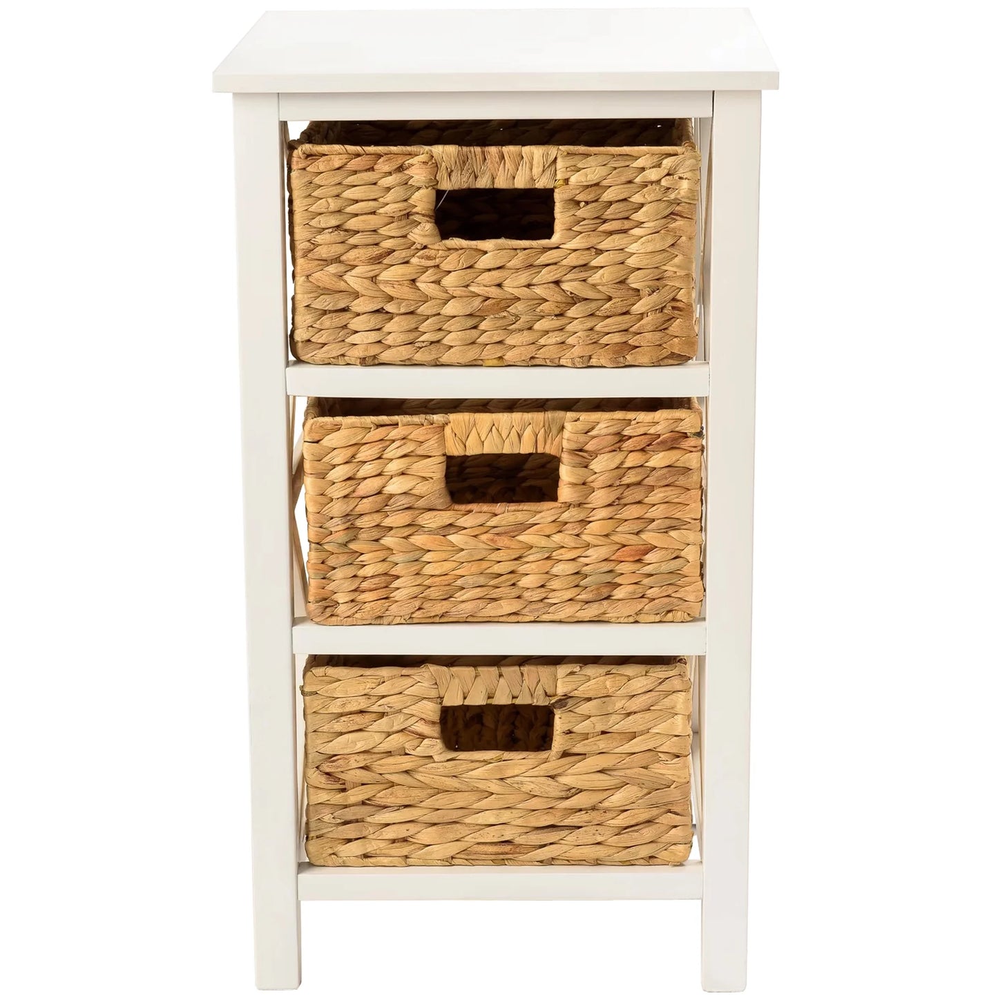 3 Tier X-Side End Table Side Table Storage Cabinet with 3 Natural Water Hyacinth Wicker Baskets, White
