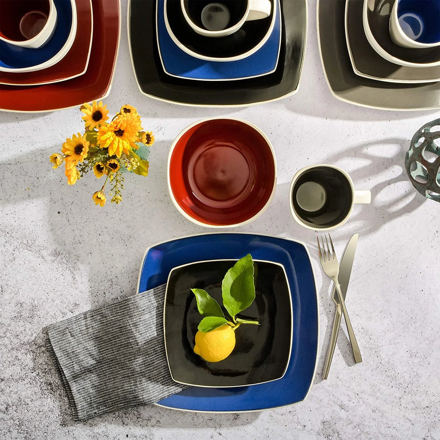 Soho Lounge Square Glazed 16 Piece Stoneware Set, Black and White