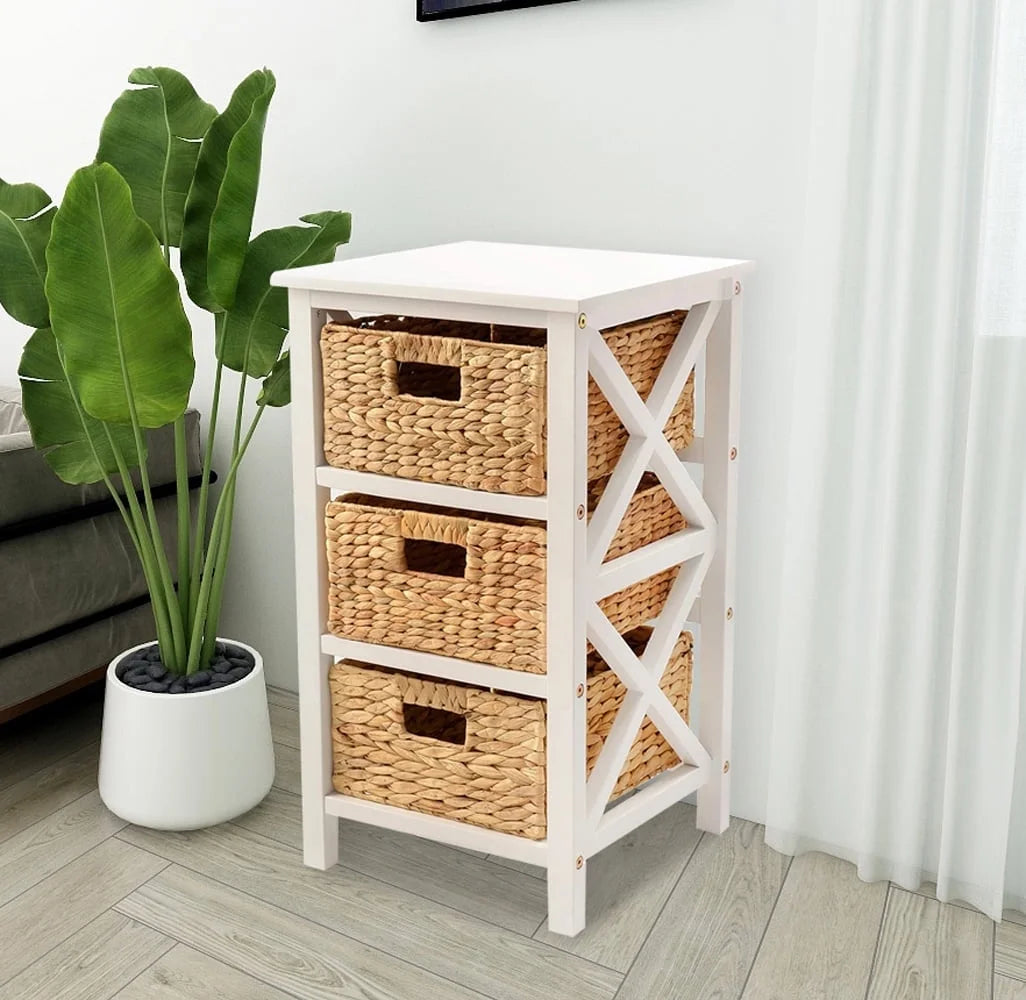3 Tier X-Side End Table Side Table Storage Cabinet with 3 Natural Water Hyacinth Wicker Baskets, White