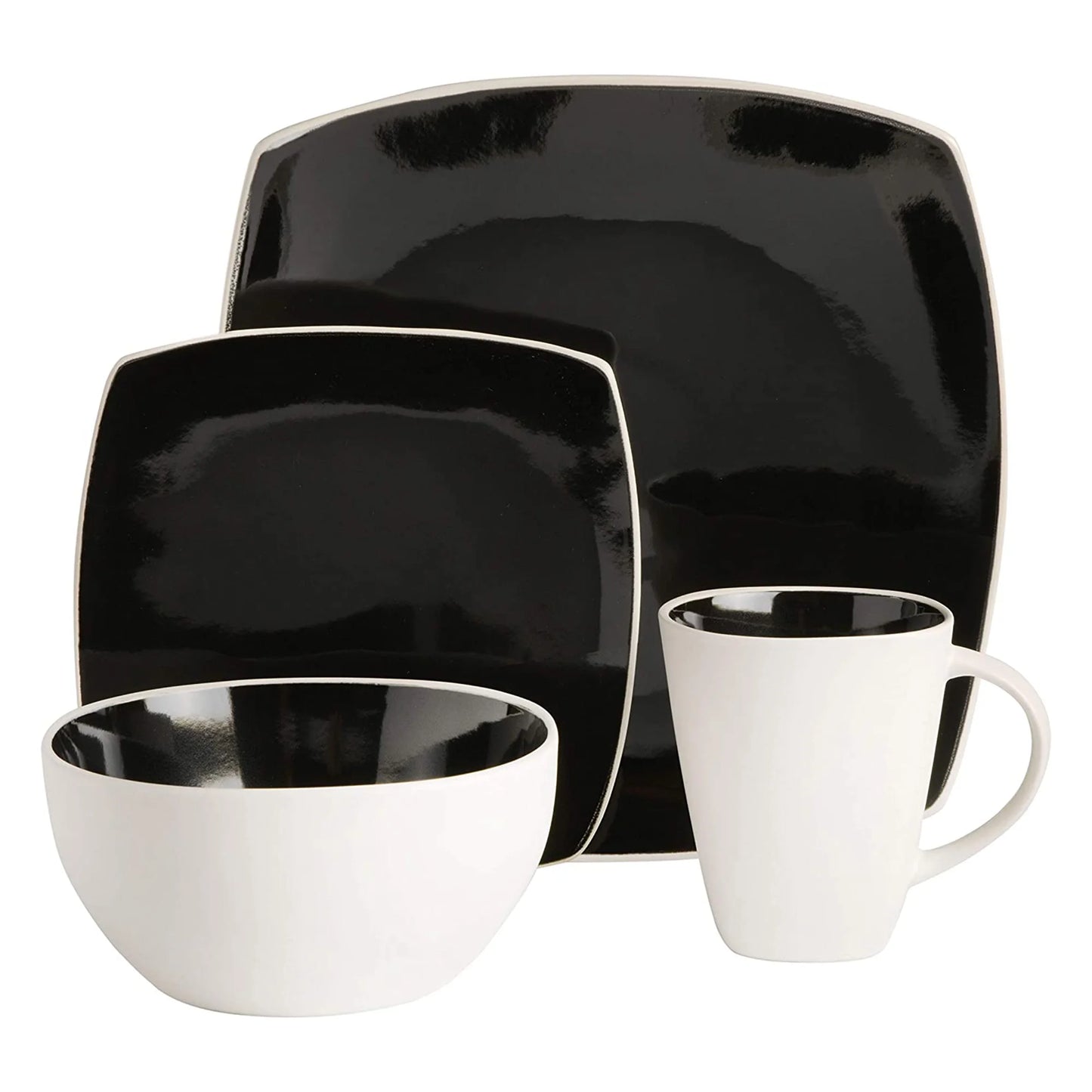 Soho Lounge Square Glazed 16 Piece Stoneware Set, Black and White