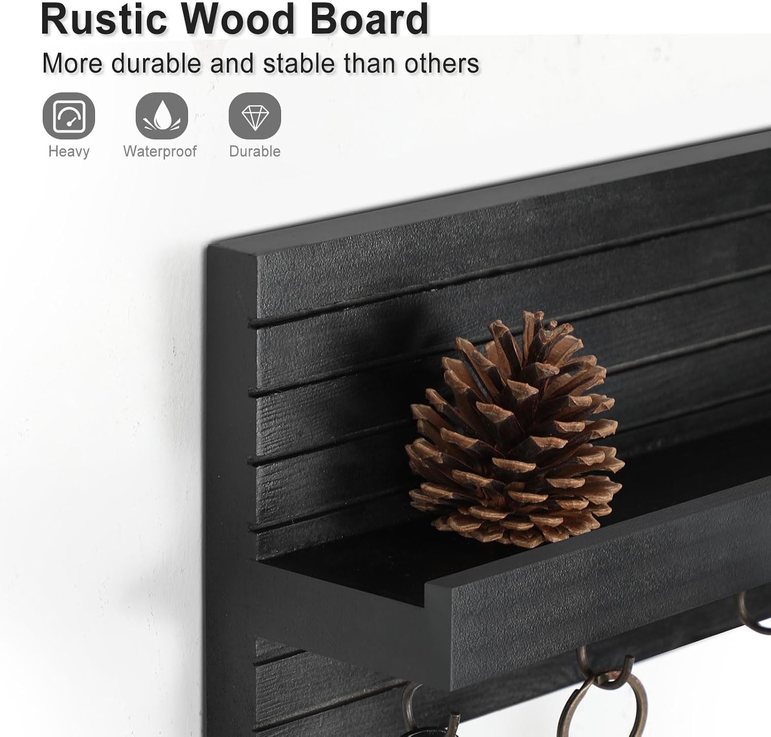 Decorative Key Holder for Wall with Shelf, Entryway Shelf with Hooks Holds Leashes, Jackets and Glasses – Sturdy Wood Keyholder Entrance Hanger with Mounting Hardware (Black)