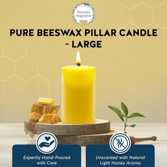 100% Pure Beeswax Candle - Large Pillar Candle - 80 Hour Burn Time - 3X6 Inch -