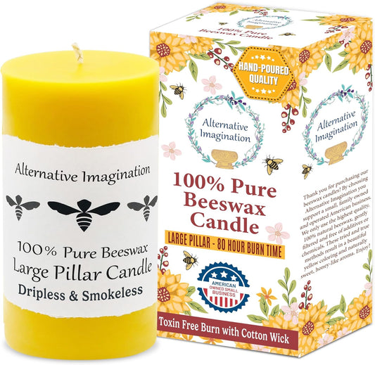 100% Pure Beeswax Candle - Large Pillar Candle - 80 Hour Burn Time - 3X6 Inch -