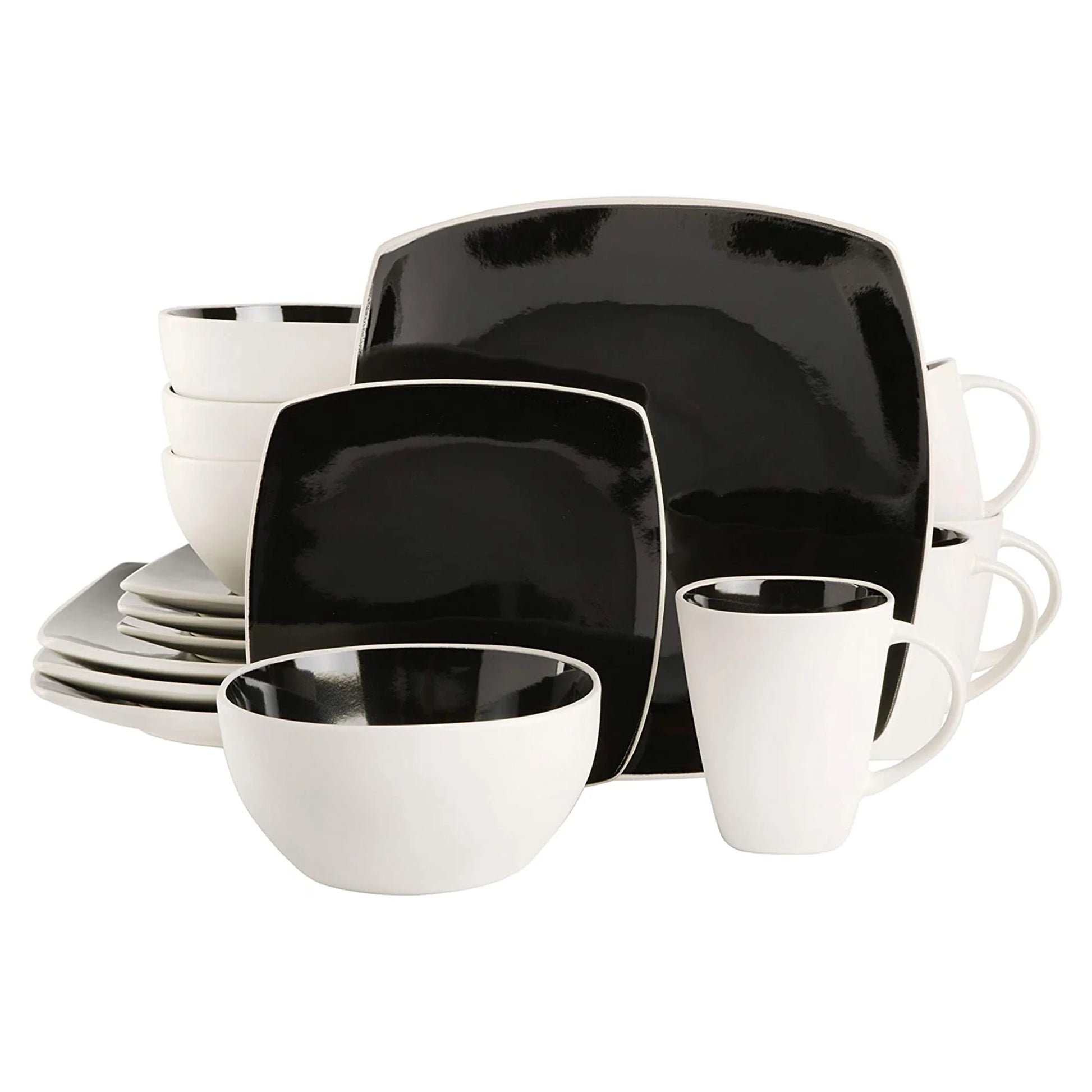 Soho Lounge Square Glazed 16 Piece Stoneware Set, Black and White