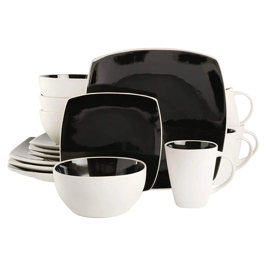 Soho Lounge Square Glazed 16 Piece Stoneware Set, Black and White