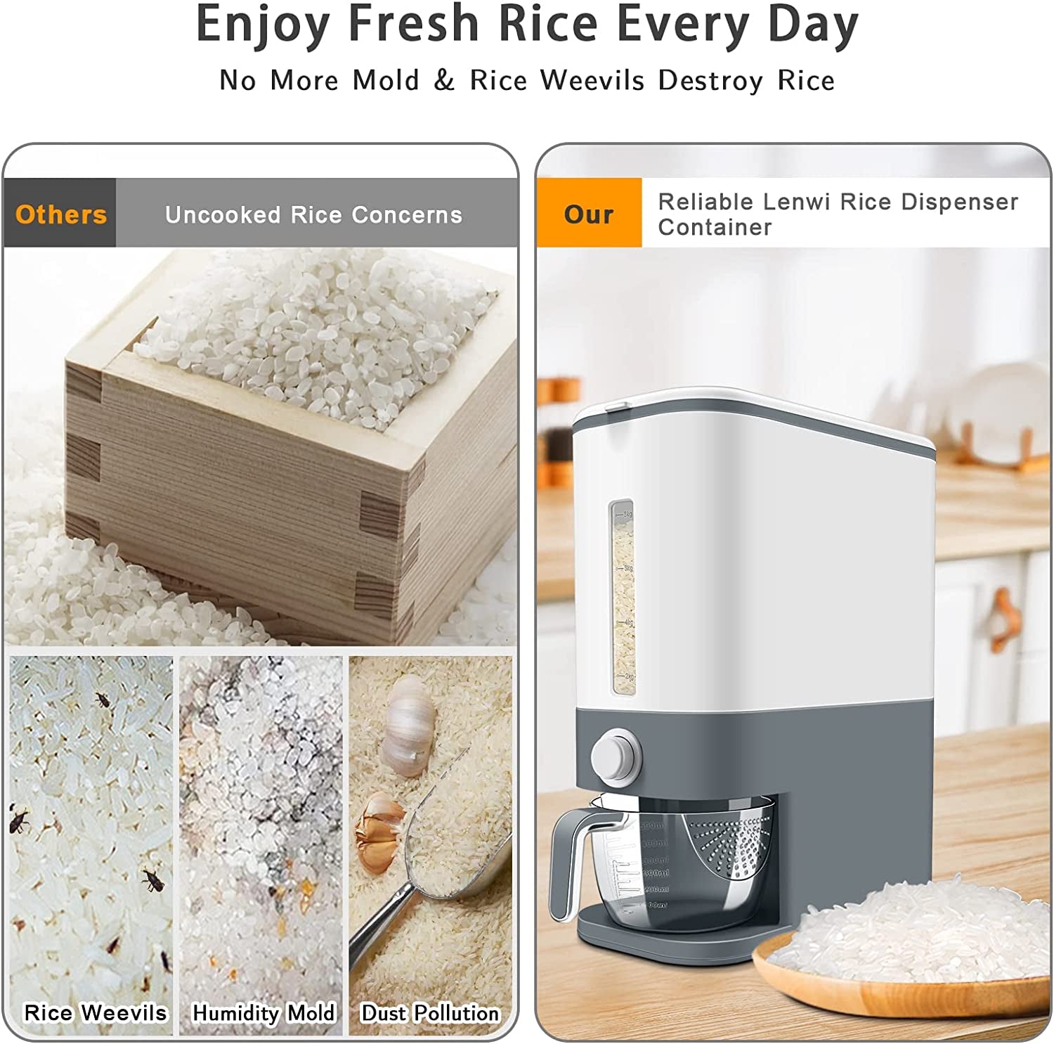 22-25 Lbs Rice Dispenser, Large Cereal Dry Food Storage Containers with Measuring Cup,Bpa-Free Household for Kitchen Pantry Organization-Grey