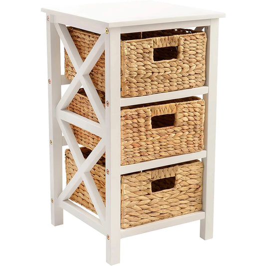 3 Tier X-Side End Table Side Table Storage Cabinet with 3 Natural Water Hyacinth Wicker Baskets, White