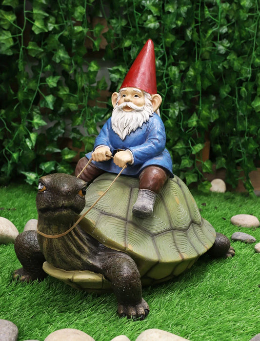 Gnome Riding Giant Turtle Garden Statue 17.25" L
