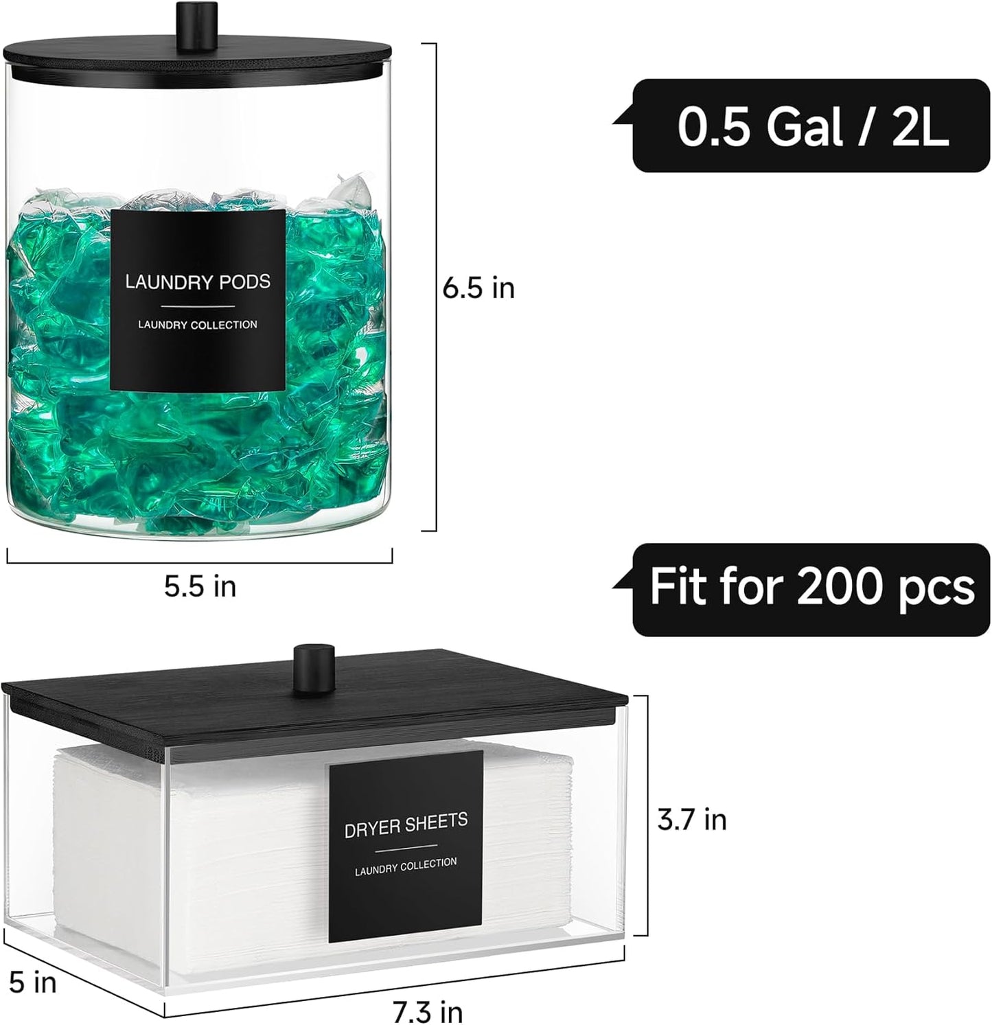 Glass Jars and Acrylic Dryer Sheet Holder W/ Bamboo Lids