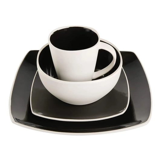 Soho Lounge Square Glazed 16 Piece Stoneware Set, Black and White