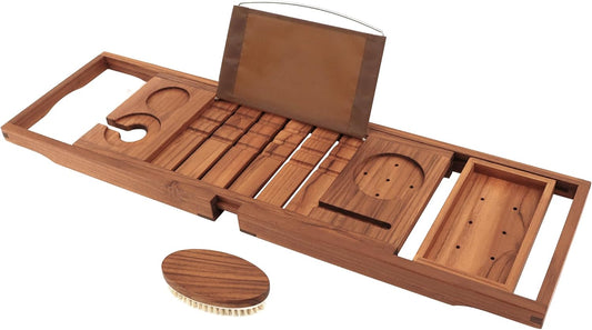 Premium Teak Bathtub Tray, Expandable Wooden Bath Tray for Tub, Luxury Bathtub & Bathroom Accessories, Great House Warming, Anniversary & Wedding and Birthday Gifts (Free Teak Body Brush)